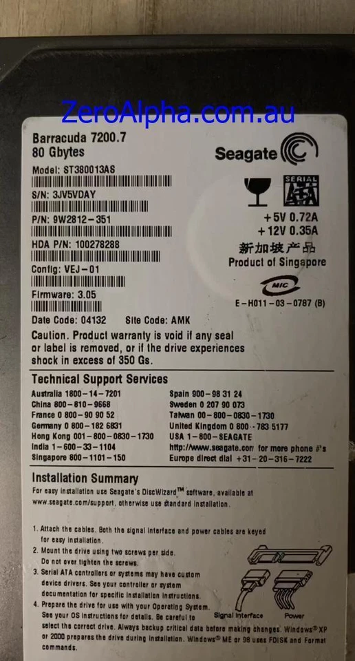ST380013AS, ST380013AS, 3.05, AMK, 3JV5 Seagate Data Recovery Donor Hard Drive - Image 1 of 1