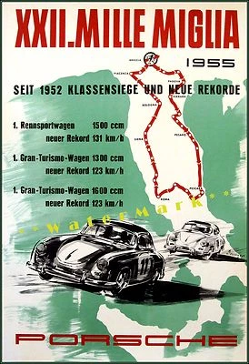 Impresión de póster vintage de carreras de autos deportivos alemanes clásicos de carreras de Mille Miglia Racing 1955 Foto 1 de 4