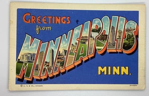Postcard Greetings from Minneapolis Large Letters Curt Teich Minnesota 1937 H233 - Picture 1 of 2