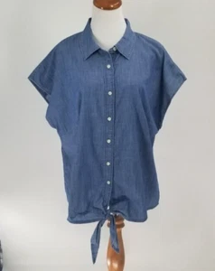 Top camicia Talbots taglie forti 1x cotone denim cravatta davanti con bottoni blu NUOVO - Foto 1 di 5