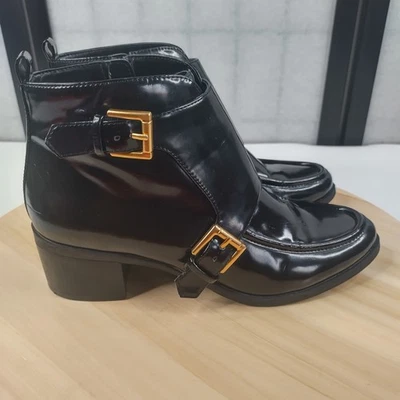 Anne Klein Jeffrey Faux Patent Leather Black Booties Double Buckle Women US 6.5M - Image 1 of 4