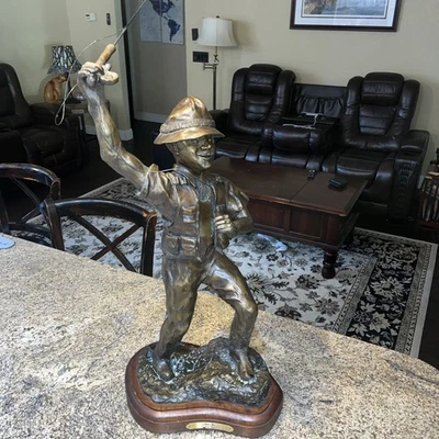 VINTAGE FLY FISHING FISHERMAN BRONZE SIGNED  SCULPTURE  27” - Image 1 of 4
