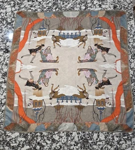 Vintage Elaine Gold Unique Scarf With Scenic Winter Sledding Design 31" × 31" - Picture 1 of 7