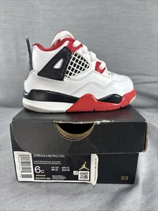 Nike Air Jordan 4 Retro TD 'Fire Red' 4 Toddler Black White Red Size 6C - Picture 1 of 12