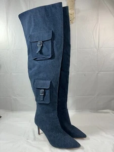 Shoedazzle Nova Blue Denim Over the Knee Stiletto Boots Size 9 - Picture 1 of 14