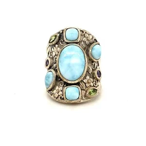 Vtg Signed Sterling D'Joy Cluster Larimar with Multi Stone Accent Dome Ring sz 8 - Picture 1 of 8