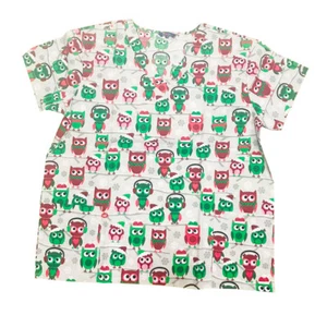 Womens Fashion Medical Nursing Scrub Tops Gray base red green owls 3XL - Picture 1 of 2