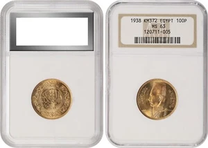 EGYPT , GOLD 100 PIASTRES KING FAROUK 1938 UNC - NGC MS 63 , RARE13 - Picture 1 of 3