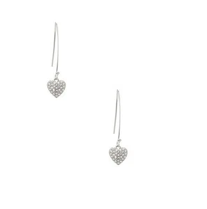 NEW GUESS SILVER RHINESTONE ENCRUSTED HEART CHARM DROP EARRINGS - Picture 1 of 1