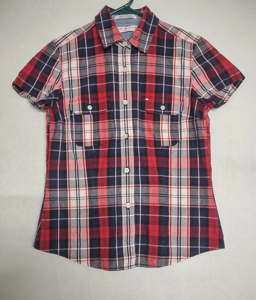 Tommy Hilfiger Button Up Shirt Women’s S Plaid Short Cap Sleeve Red White Blue - Image 1 of 4