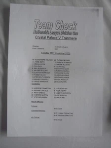 Teamsheet Crystal Palace v Tranmere Rovers League cup 4th Rd 28.11.2000 - Picture 1 of 1