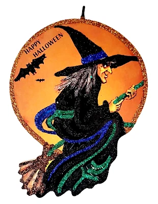 STROMBOLI'S WAGON WITCH on BROOM, BAT, FLYING by MOON * Glitter HALLOWEEN ORNAMENT * Vtg Img