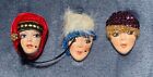 VTG Brooches Lot of 3 Elegant Woman Lady Face Hats Feathers Classic Rhinestones