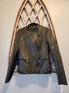 Guess Womens Faux Leather Moto Jacket Dark Green Black size L