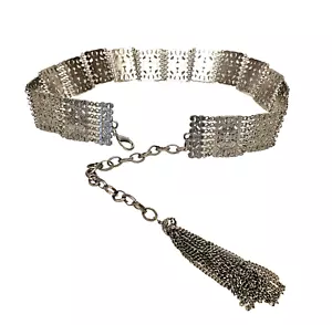 Cintura catena metallo tono argento quadrata ornata maglie aragosta gancio nappa 40" - Foto 1 di 5