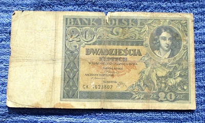 OLD BANKNOTE OF POLAND 20 ZLOTYCH 1931 (PLATER & WOMAN WITH CHILDREN) CK 4623807 - Image 1 of 2