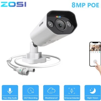 ZOSI 8MP PoE IP Camera CCTV Security Camera Night Vision Audio Weatherproof IP66 - Image 1 of 4