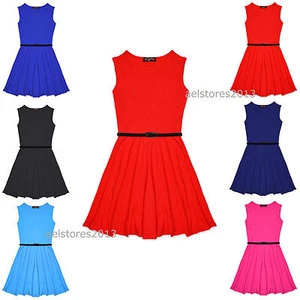 Girls Skater Dress Kids Party Dresses With Free Belt for Summer Age 5 - 13 Years - Picture 1 of 27
