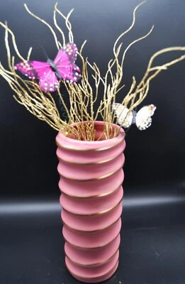 Vintage 10" Swirled Pink Magenta Matte Cylinder Vase with Gold paint spiral trim - Image 1 of 4