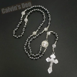 St Benedict Rosary Necklace Black Hematite Bead Five Decade Crucifix Cross Gift - Picture 1 of 8