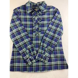 Talbots Womens Plaid Ruffle Button Down Shirt Blue Green White Size Small - Picture 1 of 8