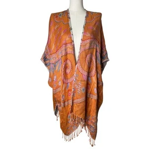 Chico’s reversibile arancione bianco jacquard Ruana Wrap Southwestern Boho taglia unica - Foto 1 di 8