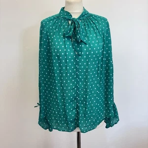 Pyrus Polka Dot Blouse Size Medium Green Pussy Bow Long Sleeve - Picture 1 of 10