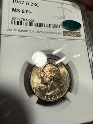 1947-D Washington Quarter NGC MS67+ Plus CAC Rainbow Toning 🌈 PQ - Image 1 of 4