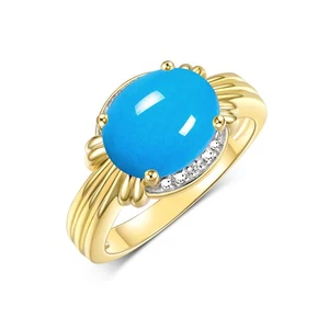 RYLOS TURQUOISE & DIAMOND 12X10MM GEM RING YELLOW GOLD PLATED SILVER SIZE 13 - Picture 1 of 6