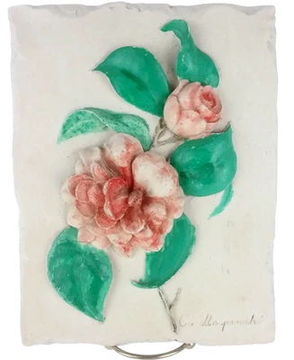 Hen-Feather 3-D Wall Plaque Hand painted Orange Embossed Flowers Signed - Image 1 of 4