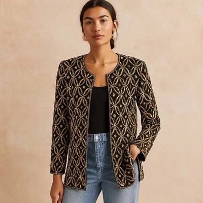 Blazer Chaqueta Cárdigan Vintage Años 80 Negro Seda Dorado Lentejuelas Cóctel M  Foto 1 de 4