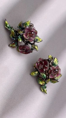 Ehinger Schwarz Schmuck Ohrringe Blumen Floral Emaille Vergoldet 925 Silber  - Bild 1 von 4
