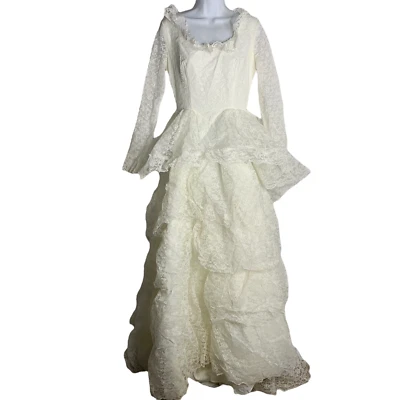 Vintage 70s Floral Lace Wedding Dress Womens Size S White Tiered Ruffles Train - Image 1 of 4