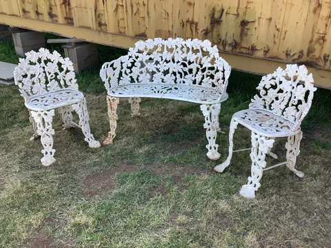 Antique VICTORIAN Cast Iron GRAPEVINE Settee Bench & 2 Chairs Garden & Patio Cover