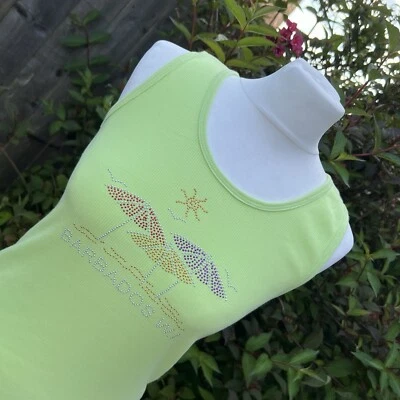 Vintage Sun Island Y2K Diamanté Barbados W.I. Ribbed Spell Out Sleeveless Vest L - Image 1 of 4