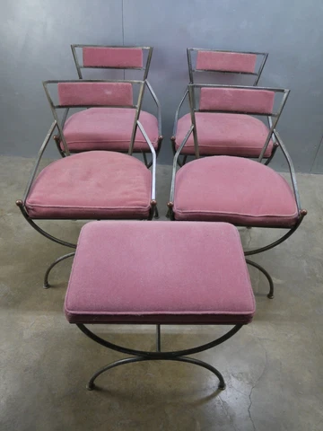 4 Fabulous VTG PINK Mid 20th CENTURY Iron BRASS Campaign CHAIRS + OTTO 1960s GOT Cover