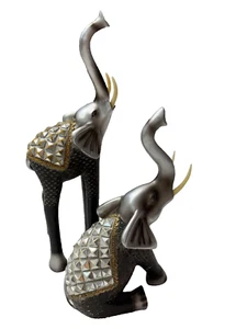 Feng Shui Elephant Set of Two Luck Trunks Raised Heavy Carved Jeweled Dark Gray. - Picture 1 of 7