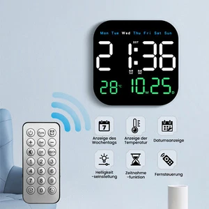 Große Wanduhr Digitaluhr Temperatur Datum Woche LED Anzeige mit Fernbedienung DE - Bild 1 von 16