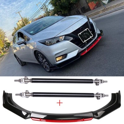 For Nissan Versa Glossy Black Front Bumper Red Lip Splitter Spoiler + Strut Rods Foto 1 de 4