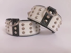 Genuine Leather White Spiked Dog Collar For All bread Leather Dog Collar With D - Picture 1 of 20