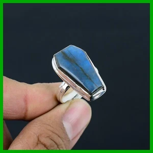 925 Sterling Silber Labradorit Edelstein Boho Neu Solitär Tochter Geschenk Ring - Bild 1 von 6