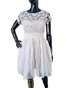 Little Mistress Short Netted Embroidered Dress, Beige Nude, Size UK 12 Petite - Picture 1 of 9