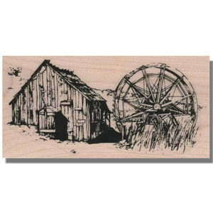Sello de goma montado en madera, escena de granero antiguo, casa, árbol, granja, hierba, rueda de agua - Imagen 1 de 3