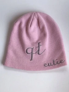 Pink Beanie Warm Hat QT Cutie It’s a Girl Thing Embroidered Grey Lettering EUC - Picture 1 of 8