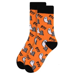 New HALLOWEEN Ladies Crew Socks ORANGE WITH GHOSTS/HEADSTONES - Picture 1 of 2