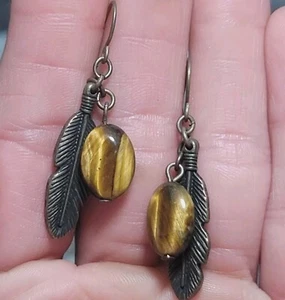 Natural Tigers Eye with Feather Dangle Earrings - Picture 1 of 7