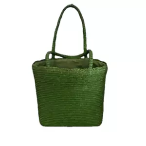 UNBRANDED Lime Green Straw Double Handle Beach Tote Scalloped Edges - Picture 1 of 7