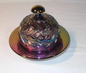 Vtg Mosser Cherry Lattice Iridescent Amethyst Carnival Glass Dome Butter Dish - Picture 1 of 9