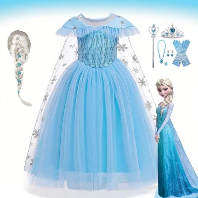 Girls Elsa Frozen Princess Costume Lace Fancy Dress Up Outfit Kids Cosplay Party - Image 1 of 4