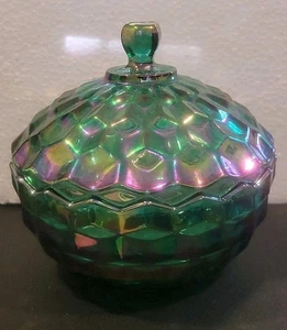 Plato de caramelo Indiana Glass Whitehall y tapa iridiscente verde azul carnaval - Imagen 1 de 11